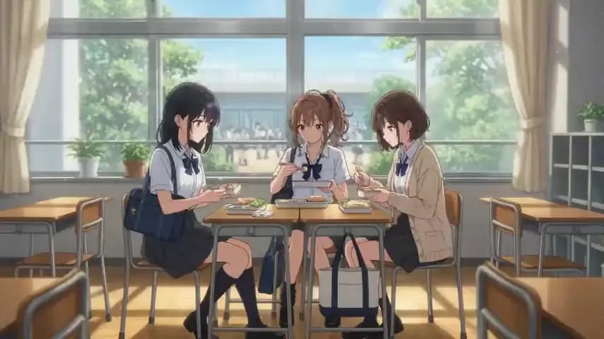Wan 3.0 anime video sample: three friends in a sunlit classroom