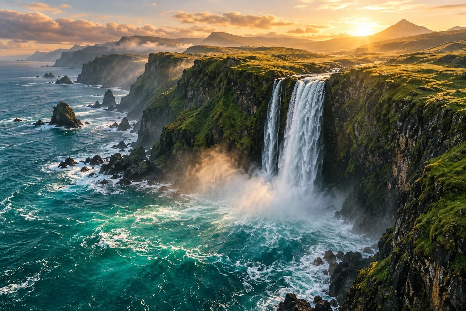 Cinematic concept artwork of a coastal waterfall at sunrise.