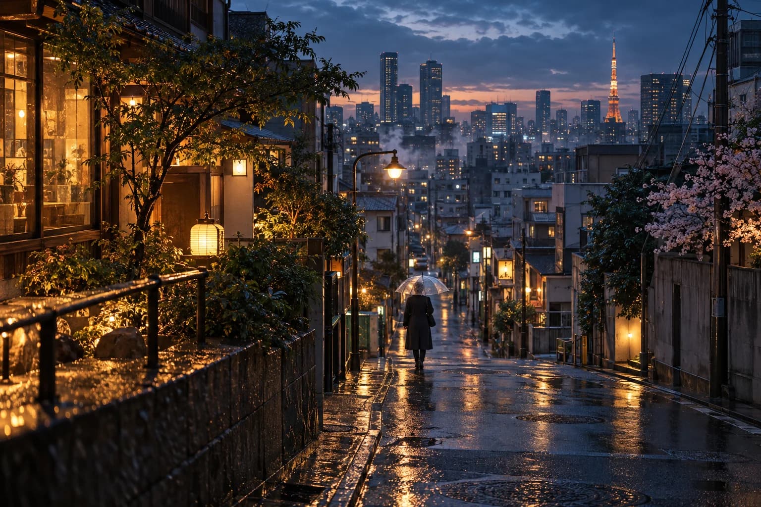Cinematic concept artwork of a rain-lit city street at blue hour.