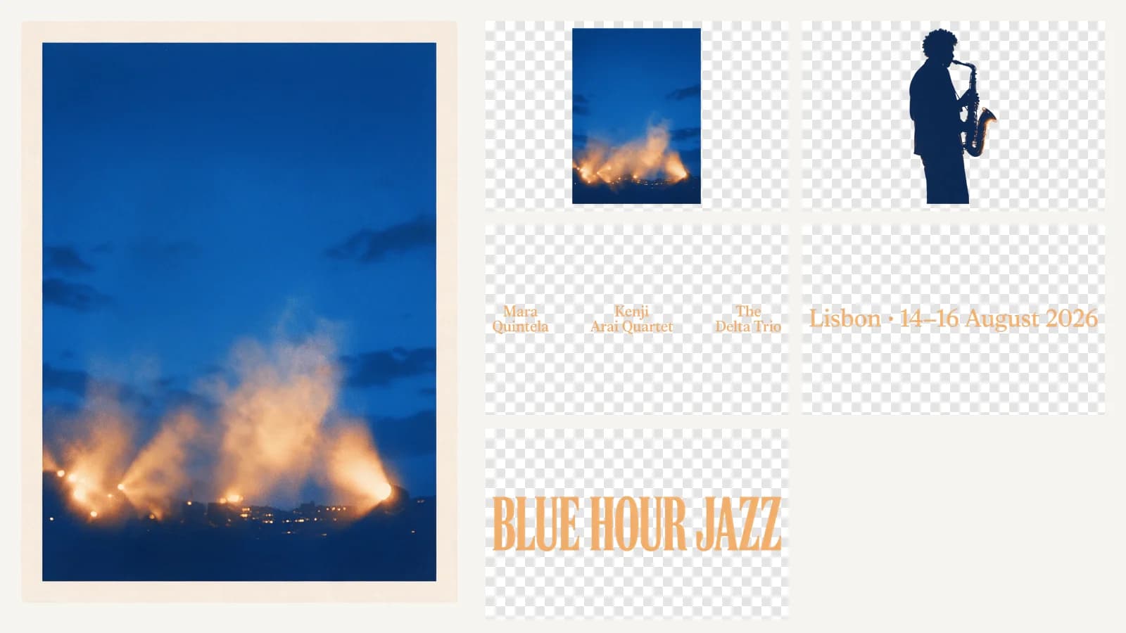 Seedream 5.0 Pro layer separation result: the base image on the left and five transparent layers for the background, the saxophone player, the performer names, the date line and the BLUE HOUR JAZZ headline